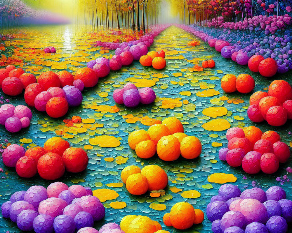 Colorful Autumn Path with Stylized Globes and Bright Sun