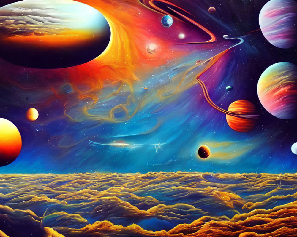 Colorful cosmic painting with planets, nebulas, and starry skies above orange landscape