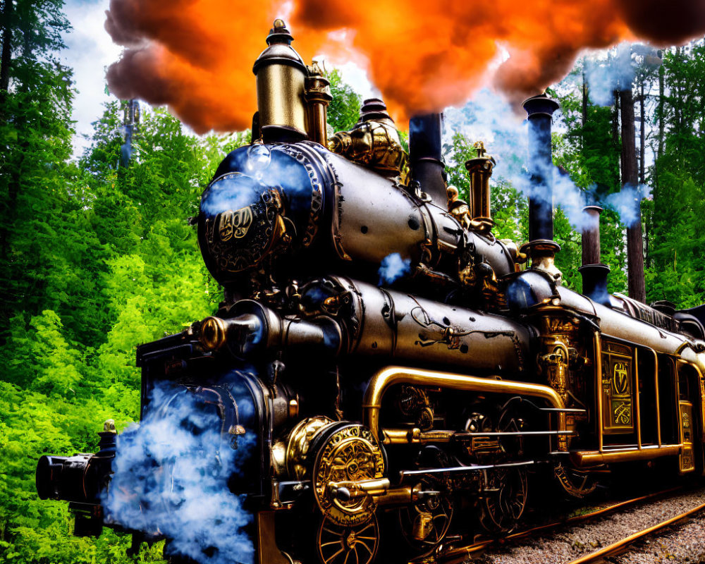 Vintage steam locomotive in lush green forest with black and golden exterior