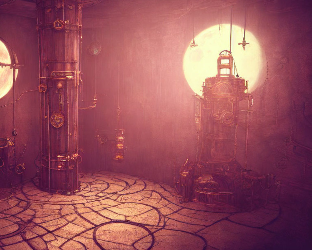 Steampunk-themed room with warm hues, intricate machinery, porthole windows, and central device