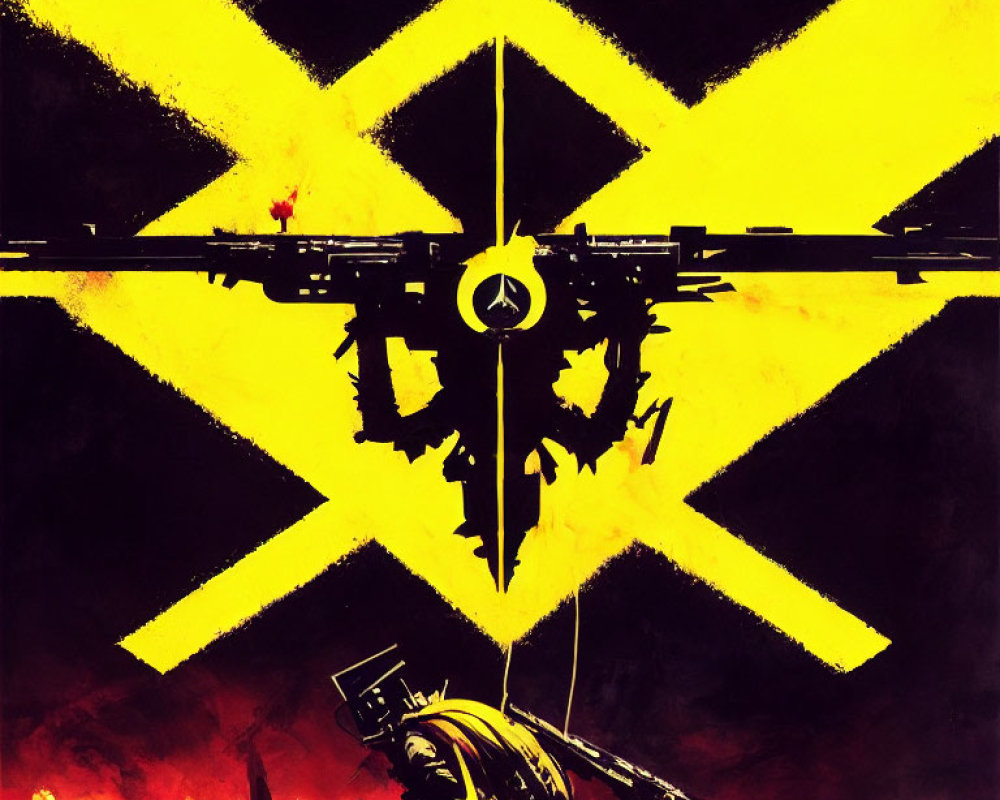 Soldier silhouette with yellow X, helicopter, fiery backdrop