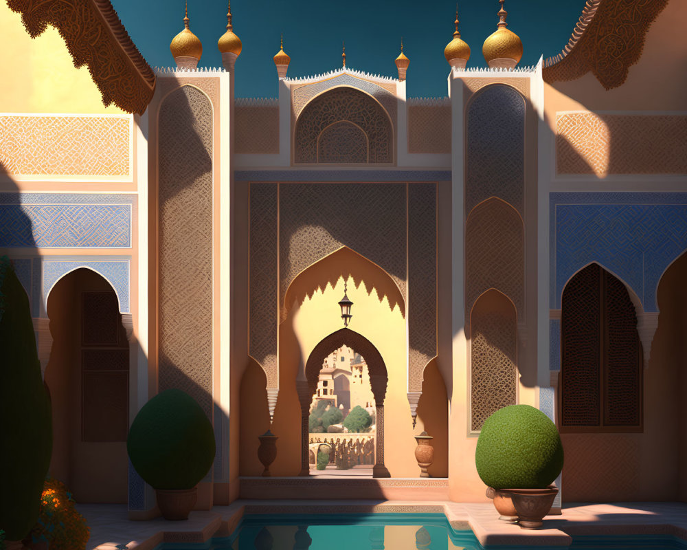 Ornate animated palace courtyard with golden domes and blue tile patterns