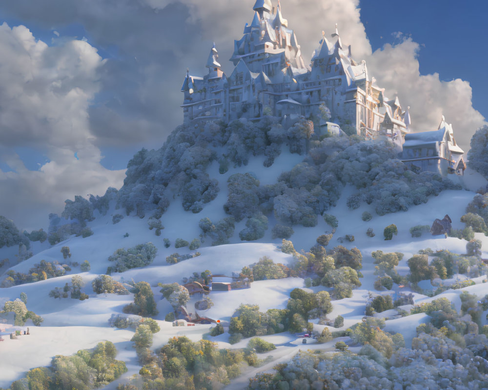 Majestic castle in serene snowy landscape