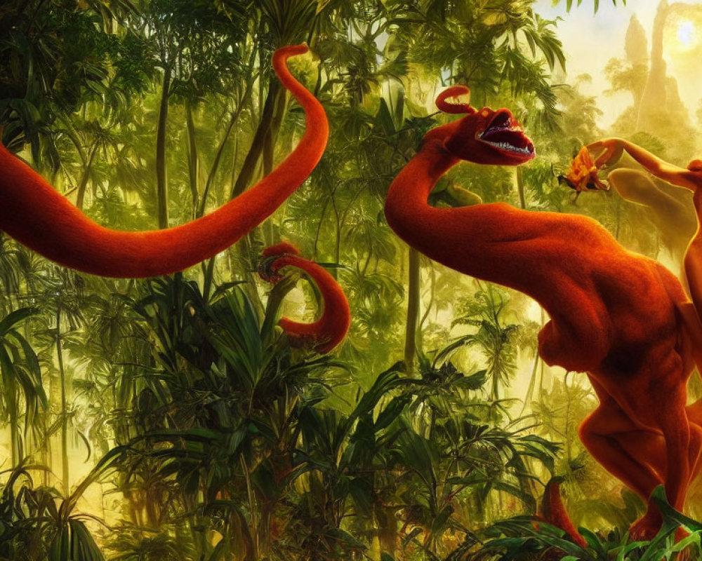 Vibrant orange dinosaurs in misty jungle at sunrise