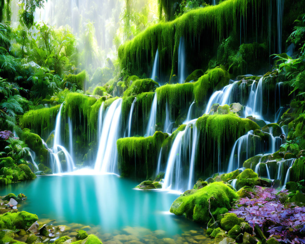 Tranquil waterfall in lush green setting with moss-covered rocks