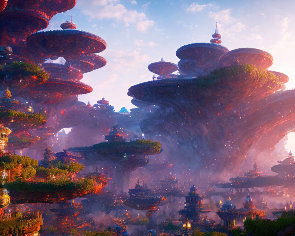 Vibrant fantasy landscape with towering mushroom structures amid glowing foliage