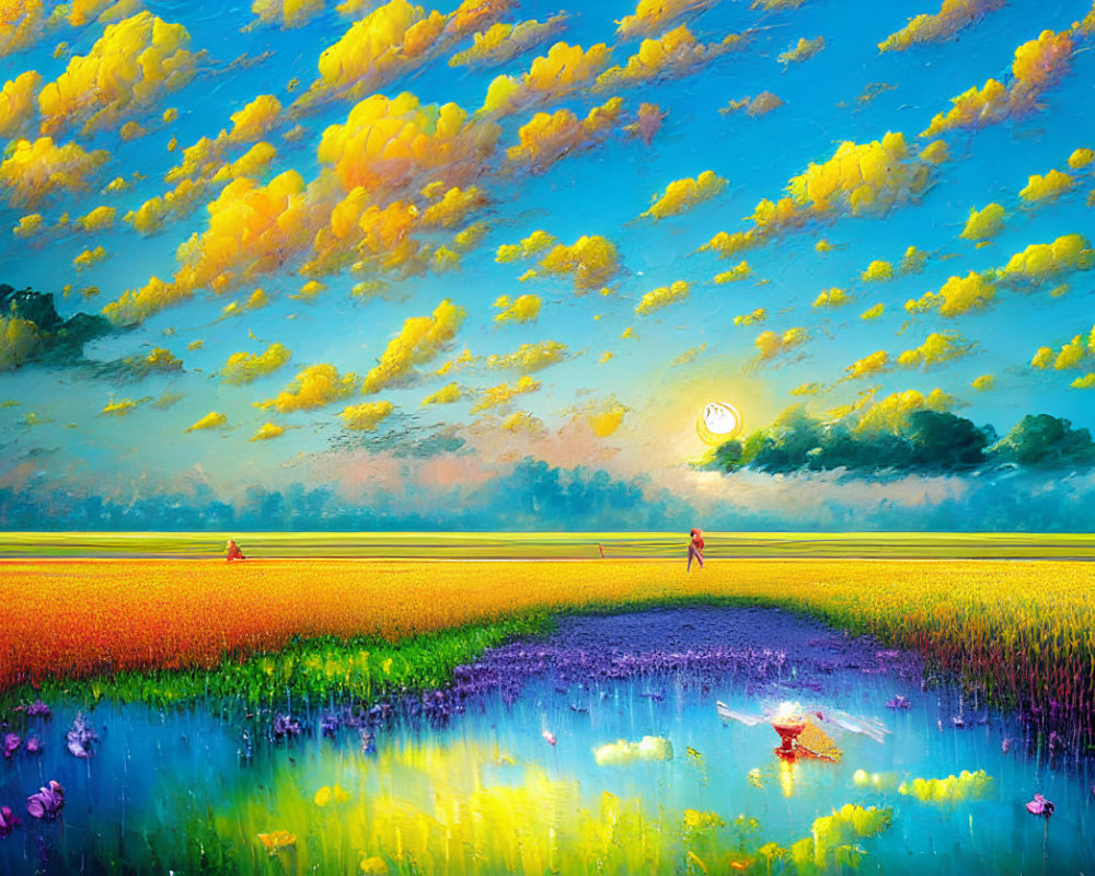 Colorful painting of person in field with blue and purple flowers under yellow sunset sky