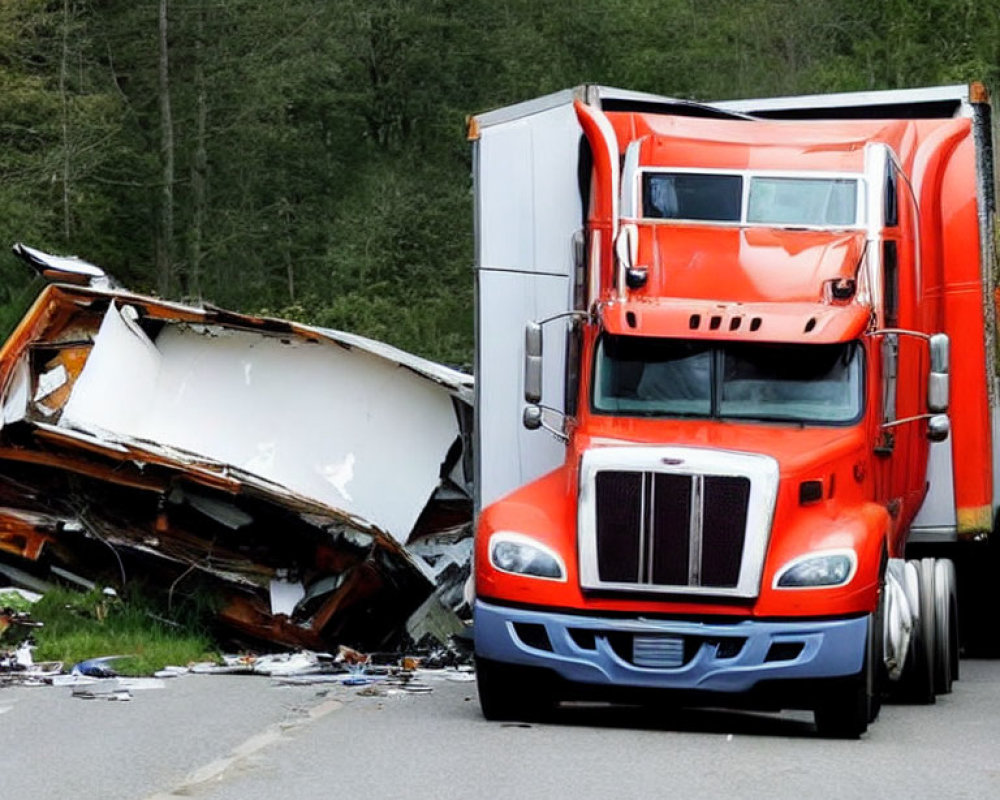 White trailer overturned next to orange truck on road after traffic accident.