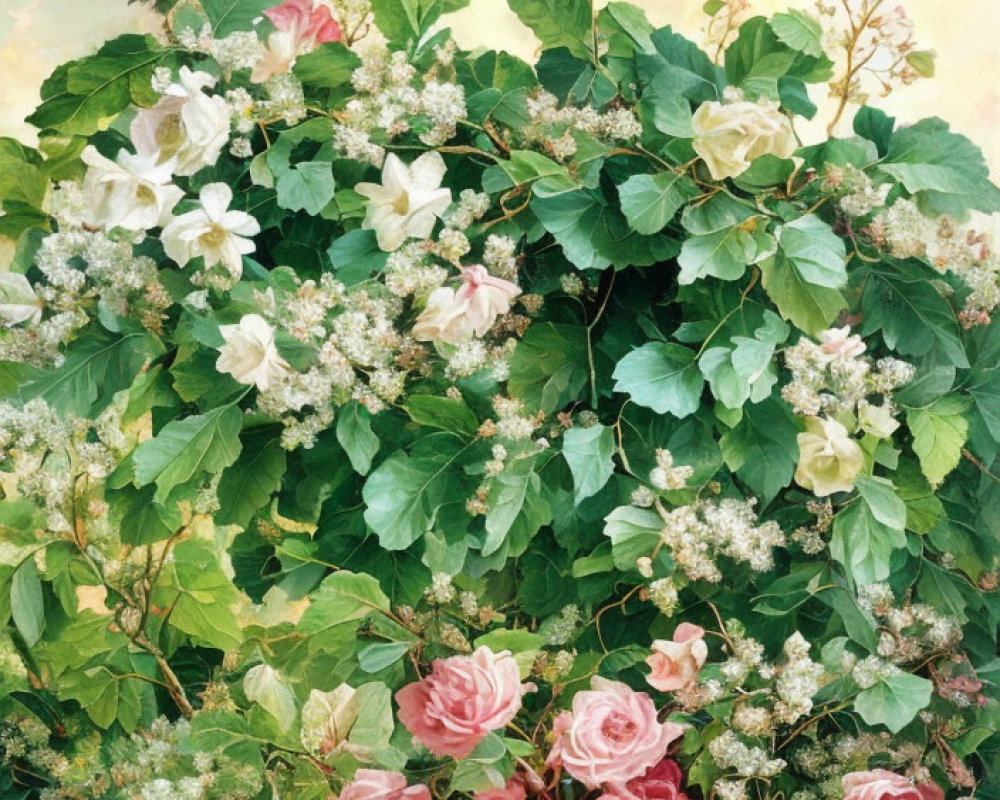 Vibrant garden painting with pink and white roses in pastel sky