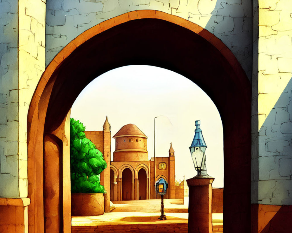 Colorful archway illustration of serene courtyard with traditional buildings and tree under clear sky