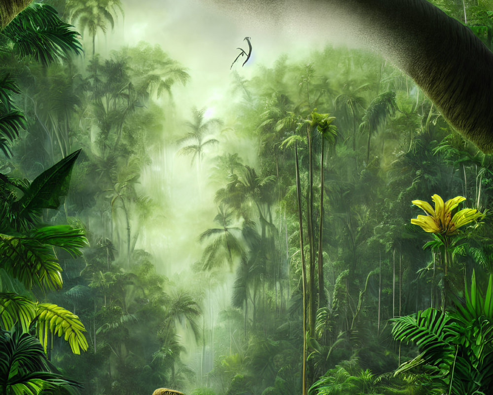 Prehistoric jungle scene with brontosaurus, velociraptors, and mist