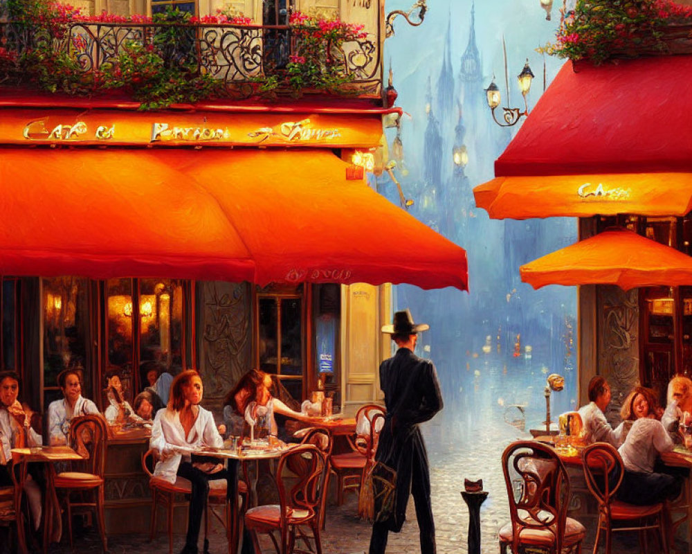 Cozy Parisian Café Scene with Patrons and Elegantly Dressed Figure