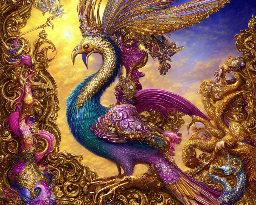 Colorful Peacock with Golden Ornate Details and Swirling Patterns