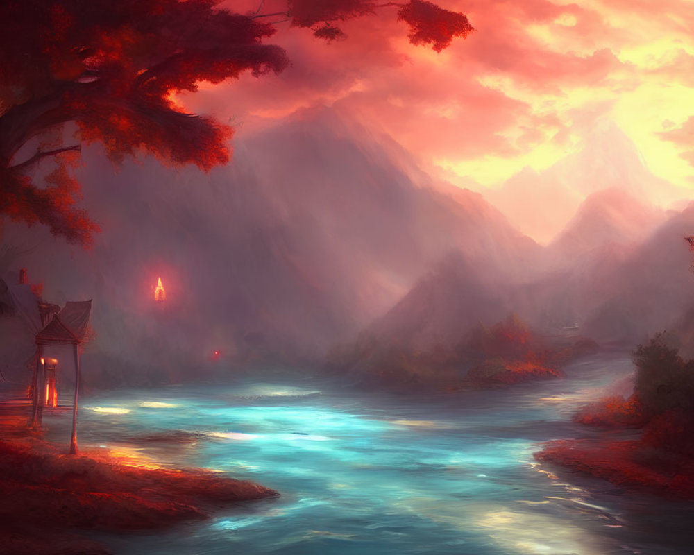 Mystical river in serene valley at sunset with red foliage and mountains