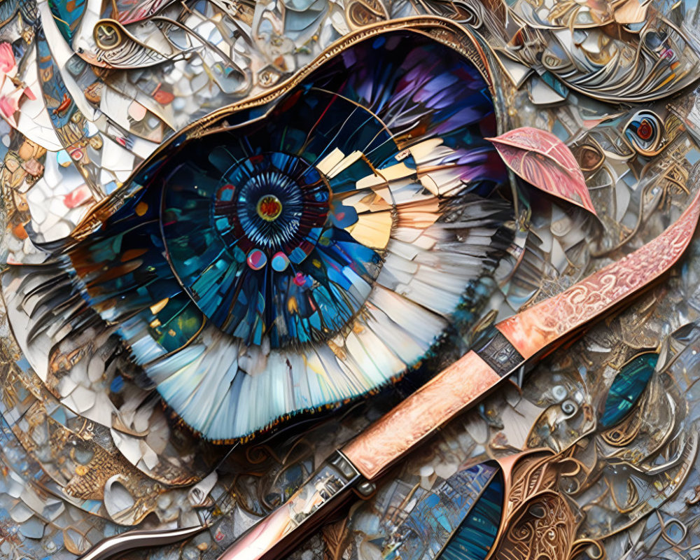 Ornate Open Pocket Watch with Kaleidoscopic Interior and Metallic Gears on Textured Background