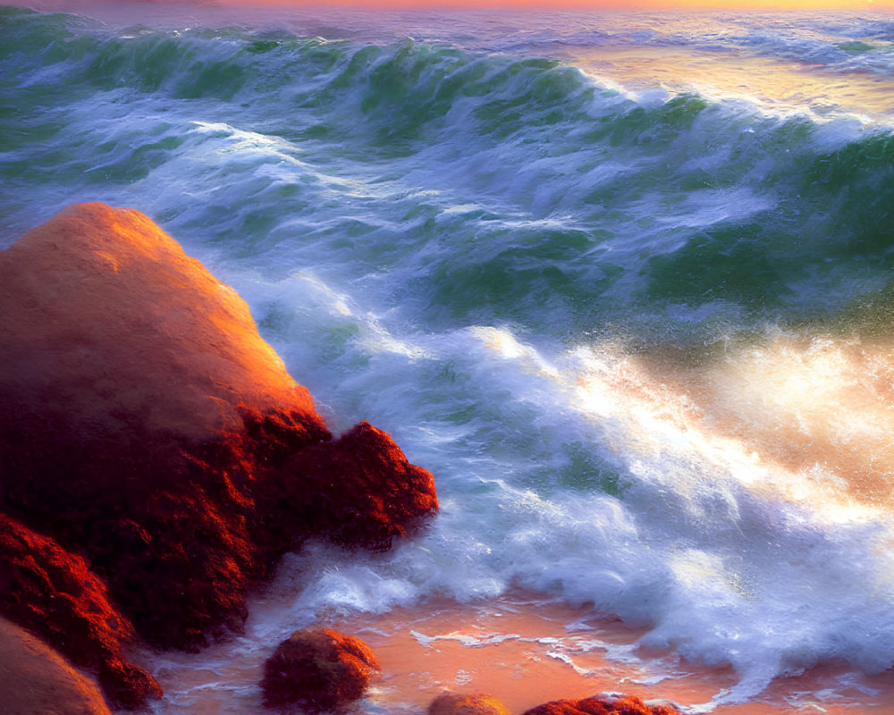 Vibrant sunset over turbulent sea with crashing waves on moss-covered rocks