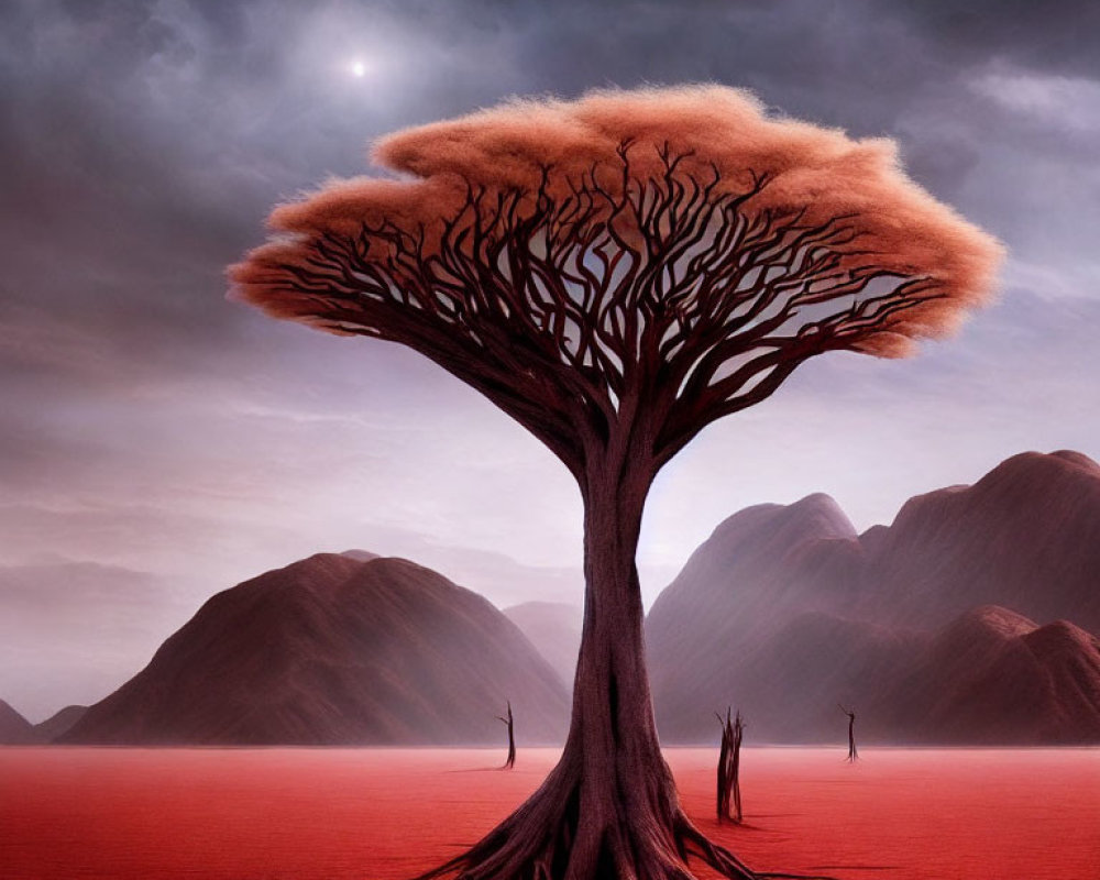 Colossal tree in surreal landscape with figures and hills under dusky sky