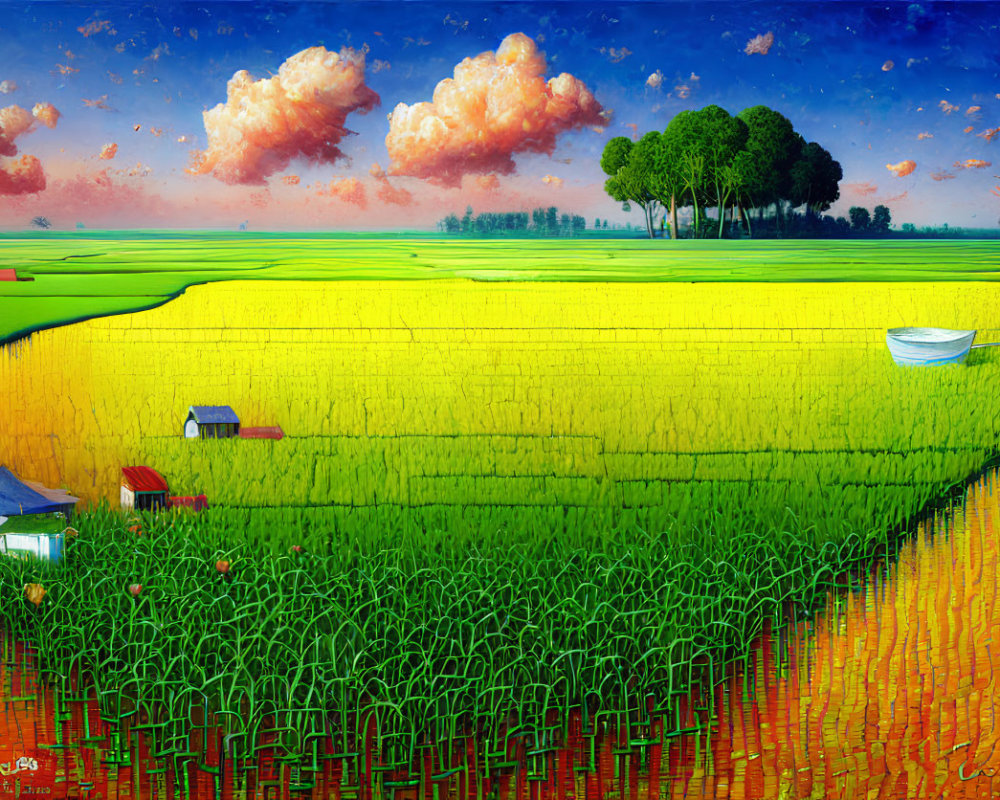 Vibrant rural landscape painting with rice fields, houses, person, and trees under blue sky