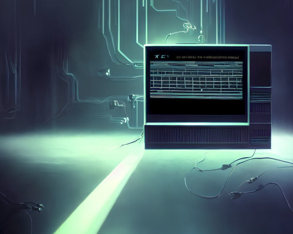 Retro-futuristic illustration: CRT monitor, data, electronic devices, neon lighting