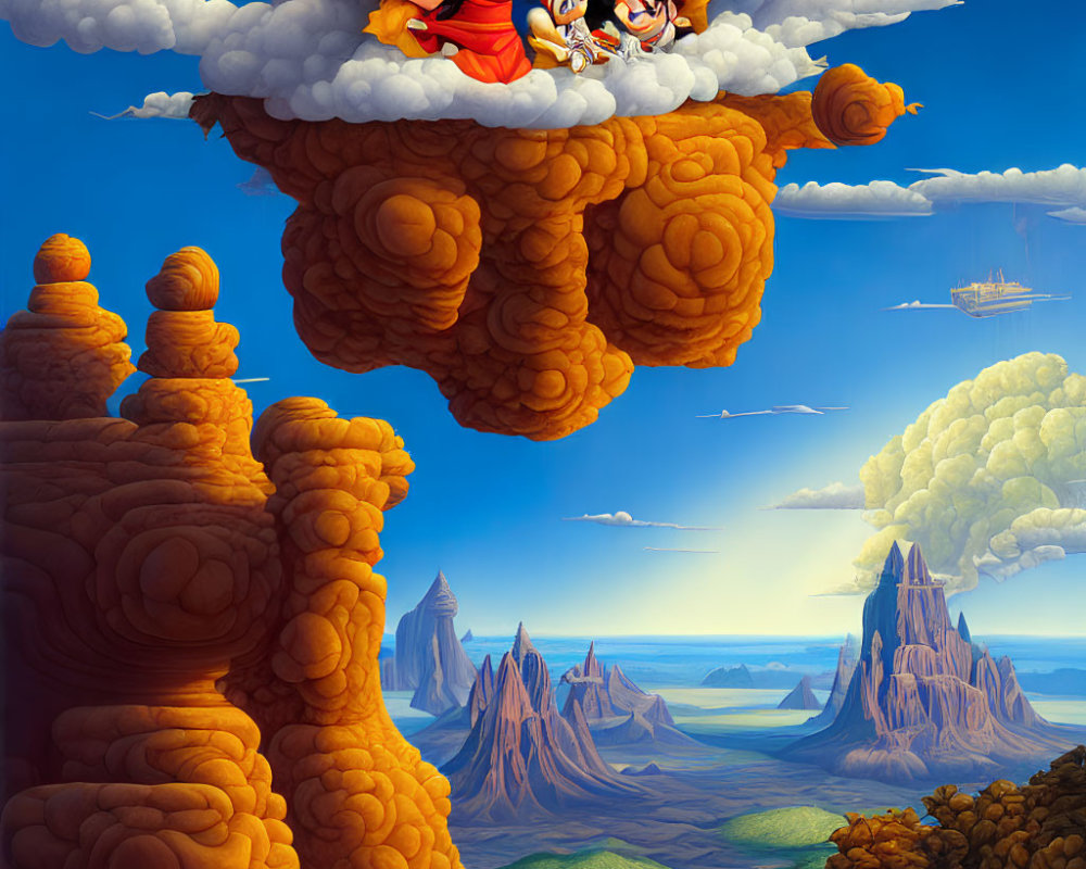 Fantasy landscape with floating islands, rock formations, and characters on fluffy cloud