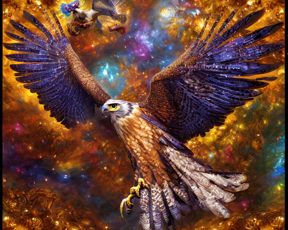 Majestic eagle soaring in vibrant cosmic scene