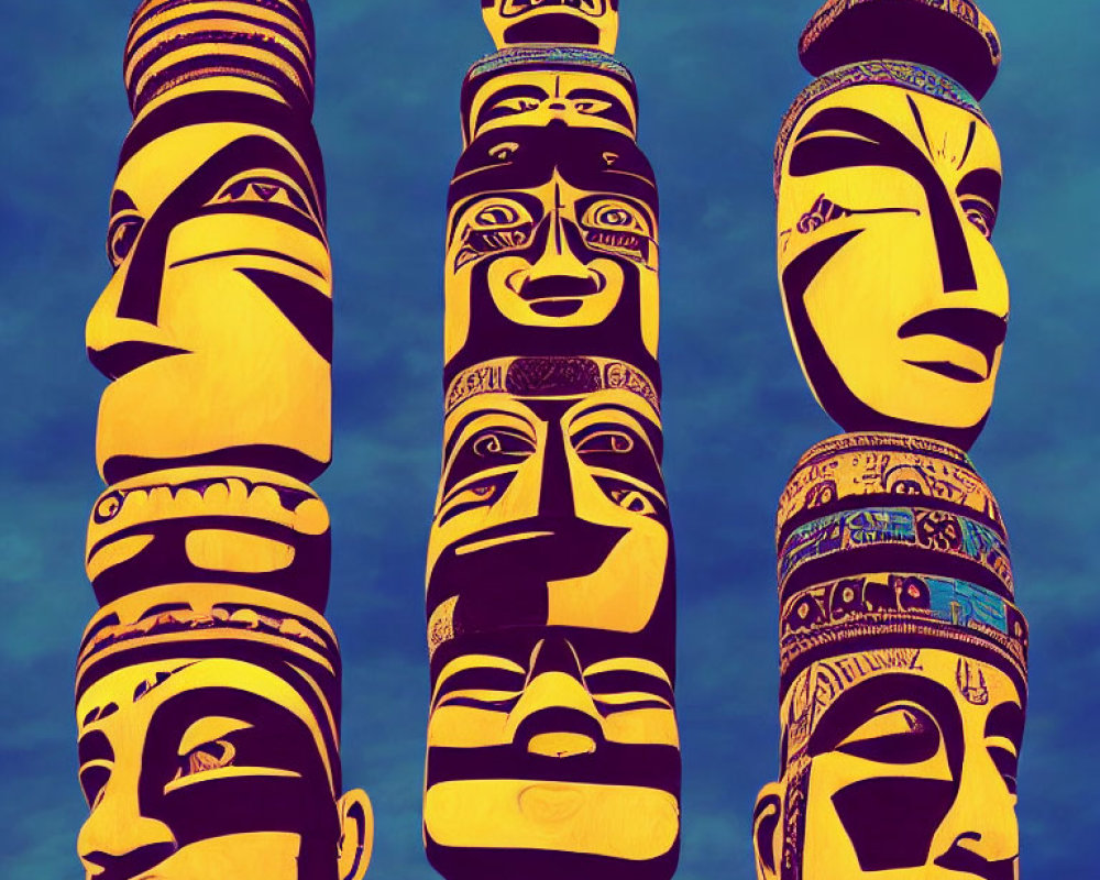 Colorful Totem Poles with Intricate Facial Carvings on Blue Sky