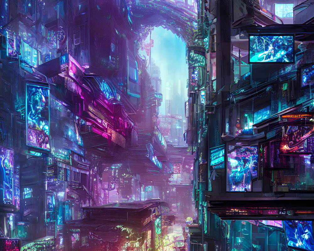 Futuristic cityscape with neon signs and cyberpunk alleyway