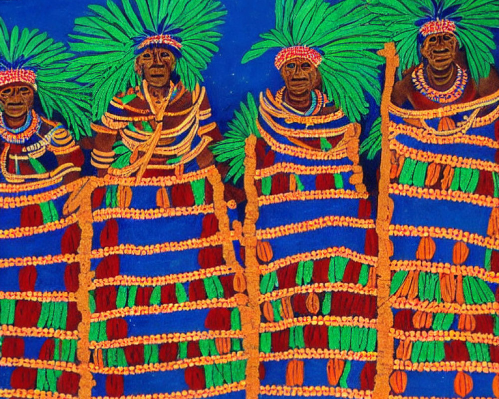 Vibrant painting of three figures in traditional attire with feathered headdresses on blue background