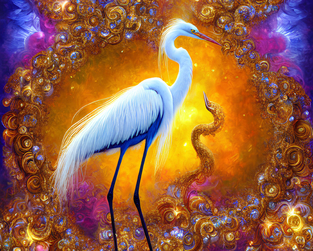 Colorful Image of White Egret on Abstract Fiery Background