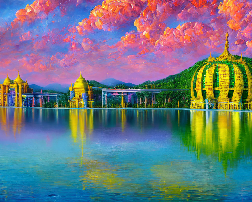 Golden spherical building and towers reflected on water with dramatic pink clouds and blue sky.