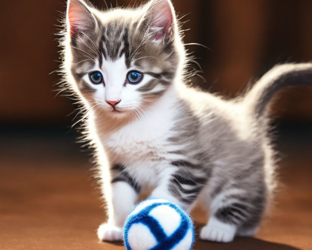 Grey and White Kitten with Blue Eyes Playing with Ball on Wooden Surface