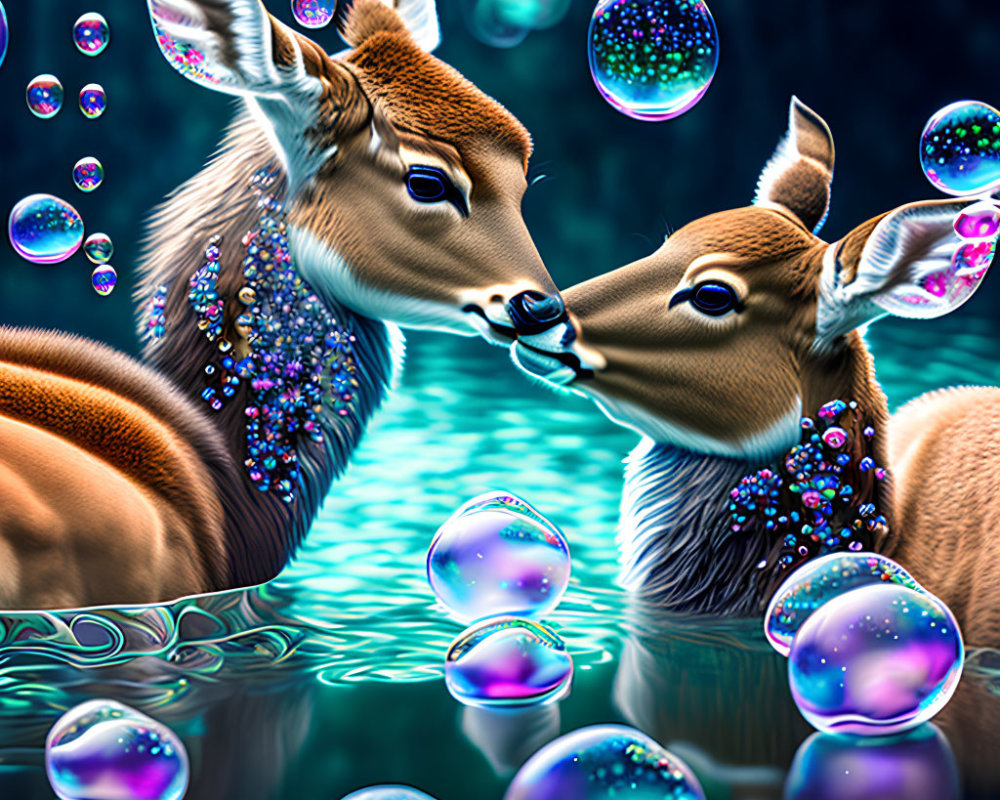 Stylized deer with decorative fur patterns in magical forest scene