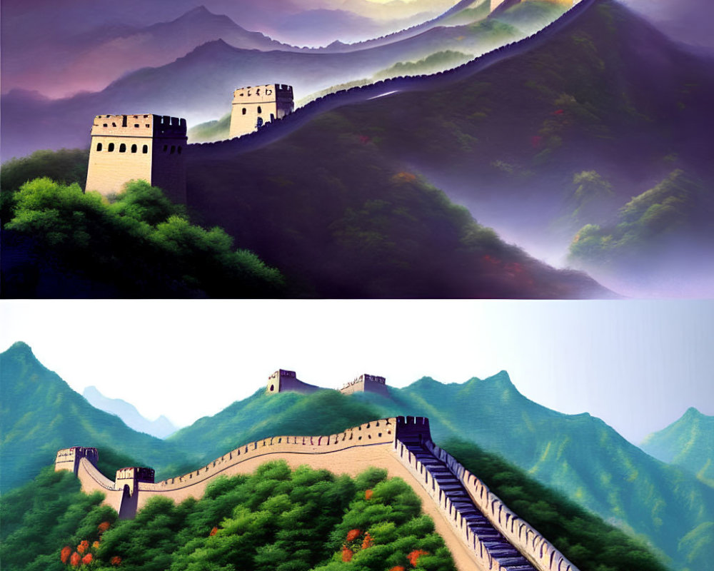 Iconic Great Wall of China snaking through misty mountains at dawn or dusk