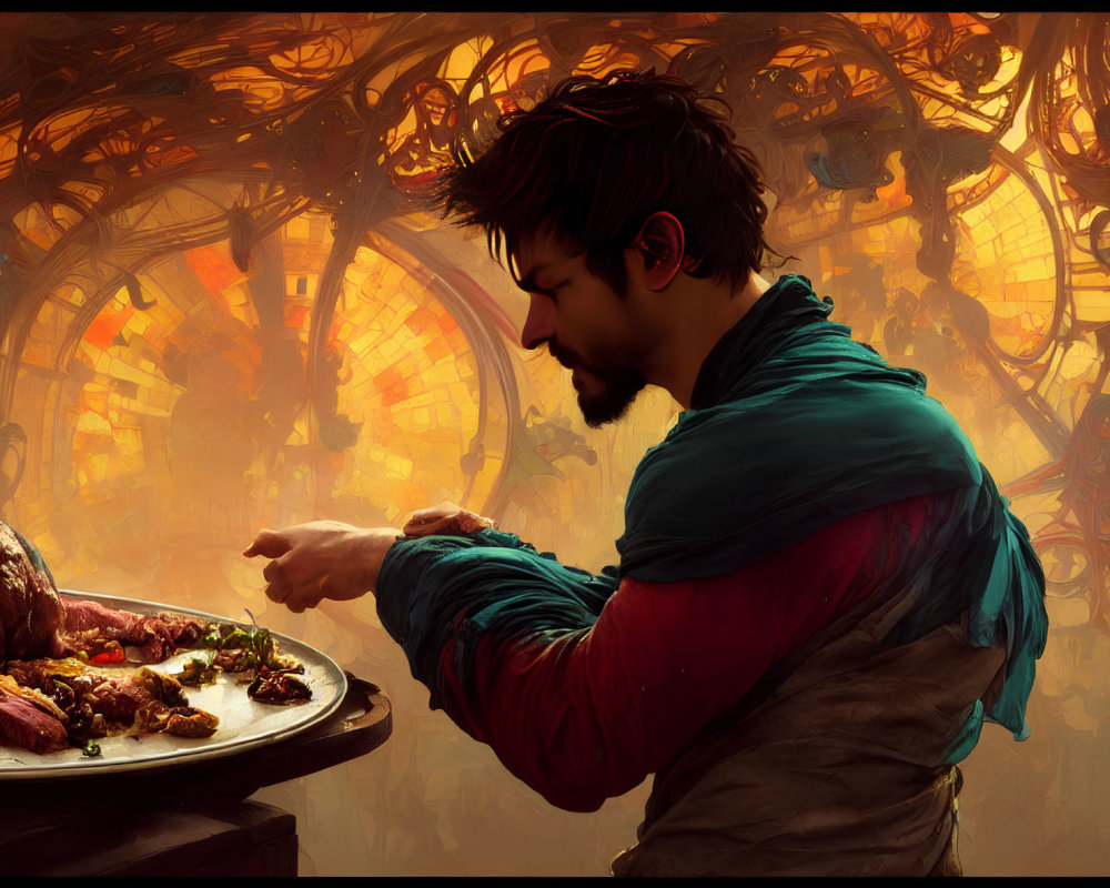 Man garnishing food on ornate plate in warmly lit setting