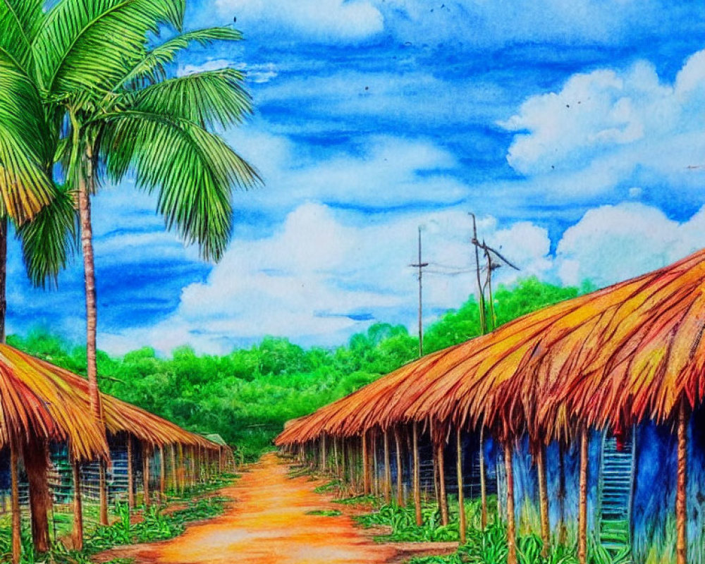 Tropical village street watercolor illustration with thatched-roof huts