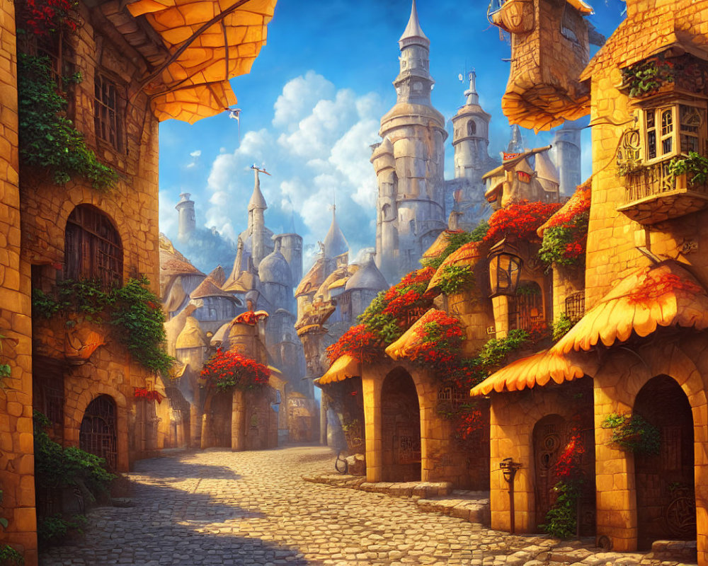 Fantasy cobblestone street with houses, vines, and castle under sunny sky