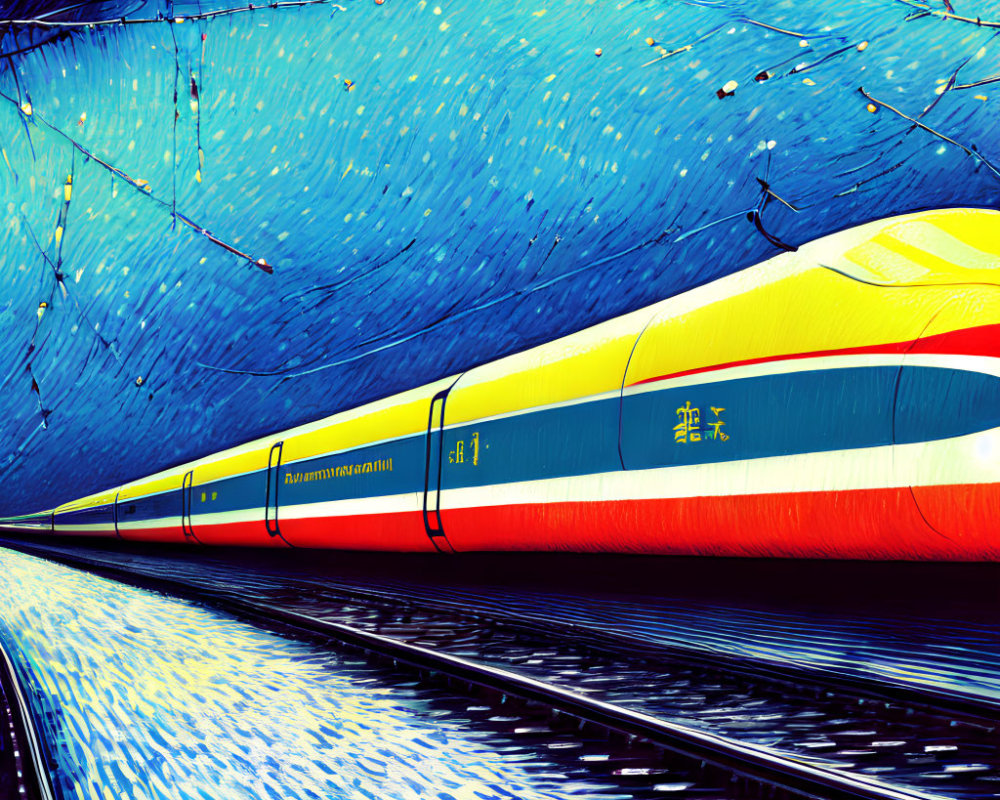 Colorful Train Speeding on Tracks at Night under Starry Sky