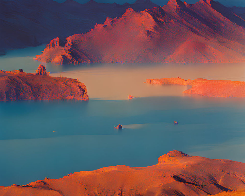 Misty Lake Landscape with Layered Mountains in Warm Tones