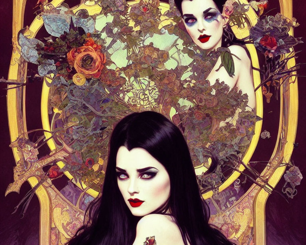 Pale-skinned woman with black hair in gothic-themed illustration.