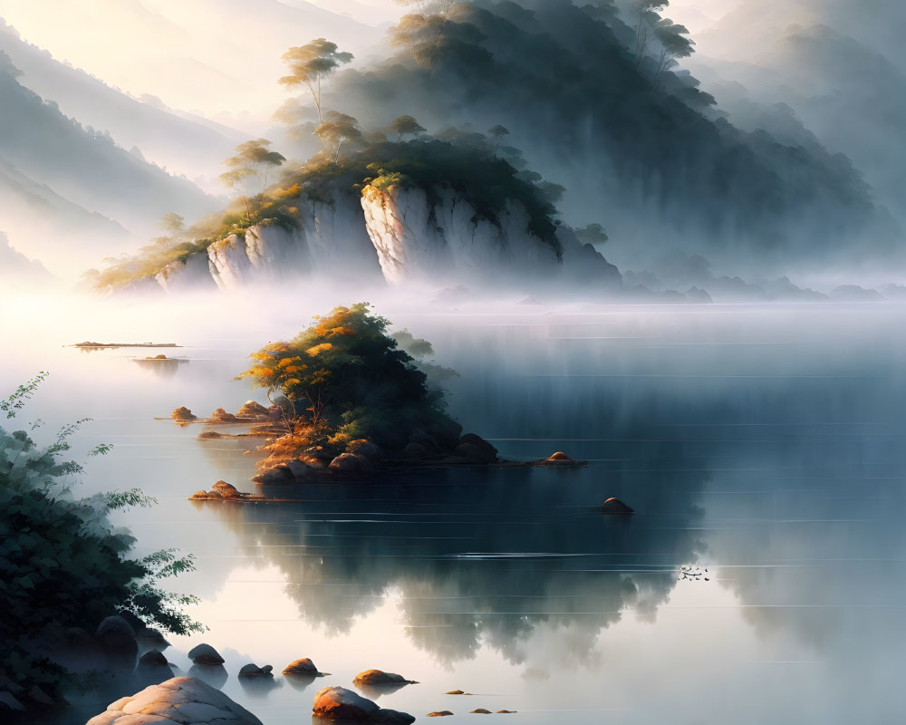 Tranquil landscape: misty lake, forested mountains, soft sunlight