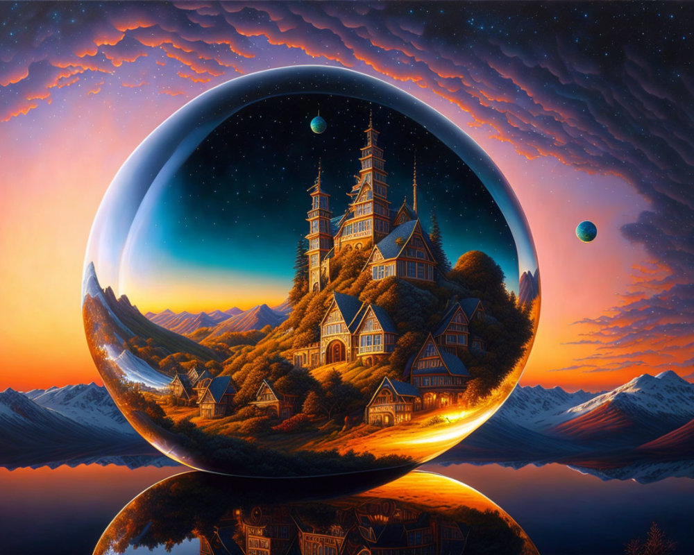 Castle inside glass sphere in mountainous landscape under starry sky