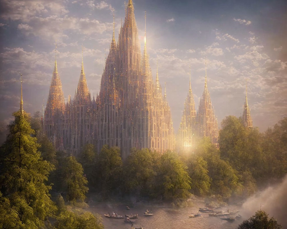 Gothic cathedral in forest with river, boats, golden light, and dramatic sky