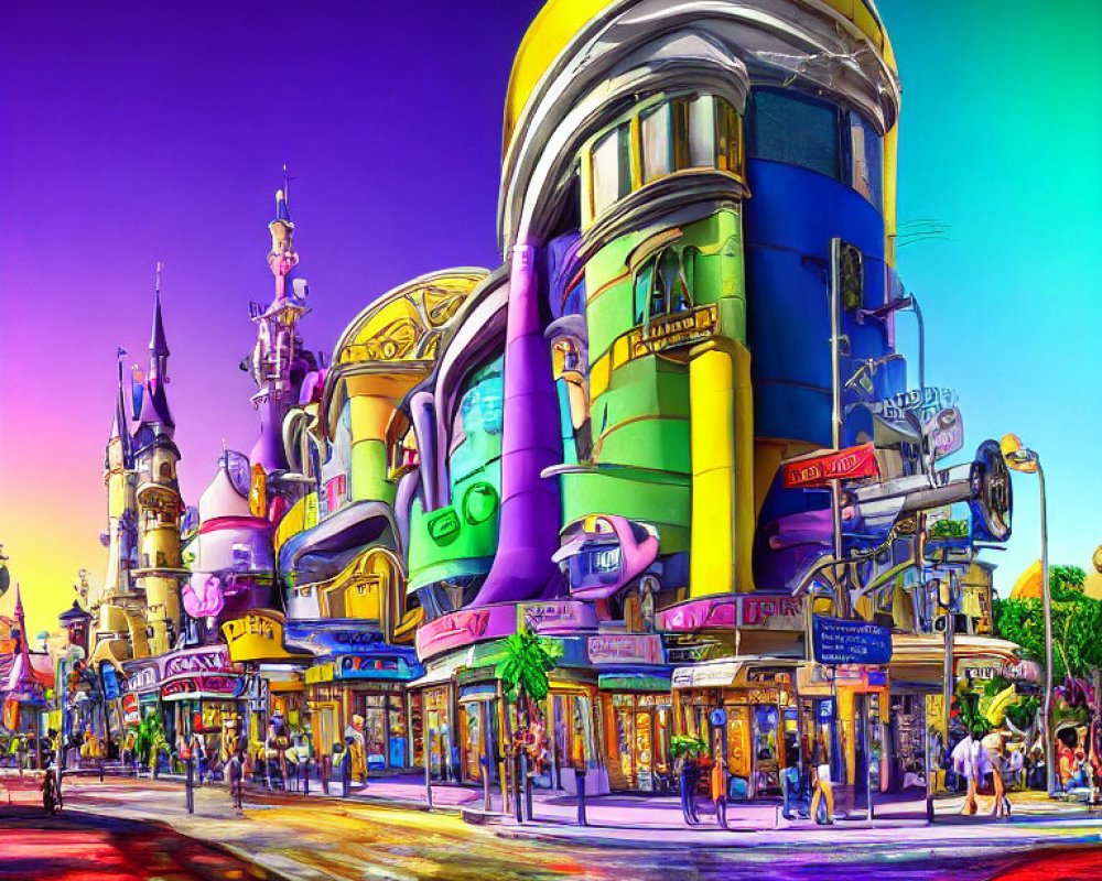 Colorful Cartoon Street Scene with Exaggerated Architecture and Palm Trees