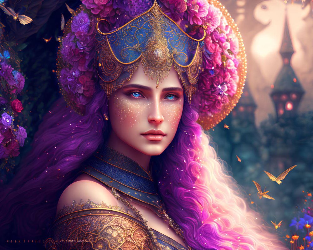 Fantasy illustration of woman in violet hair and golden armor amidst lush flora and butterflies.