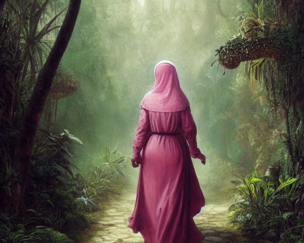 Person in Pink Robe Standing in Ethereal Forest with Misty Atmosphere