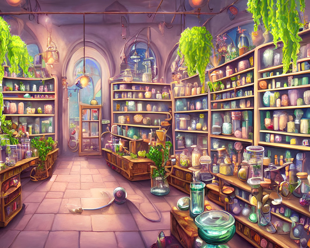 Colorful Potion Shop Illustration with Magical Atmosphere