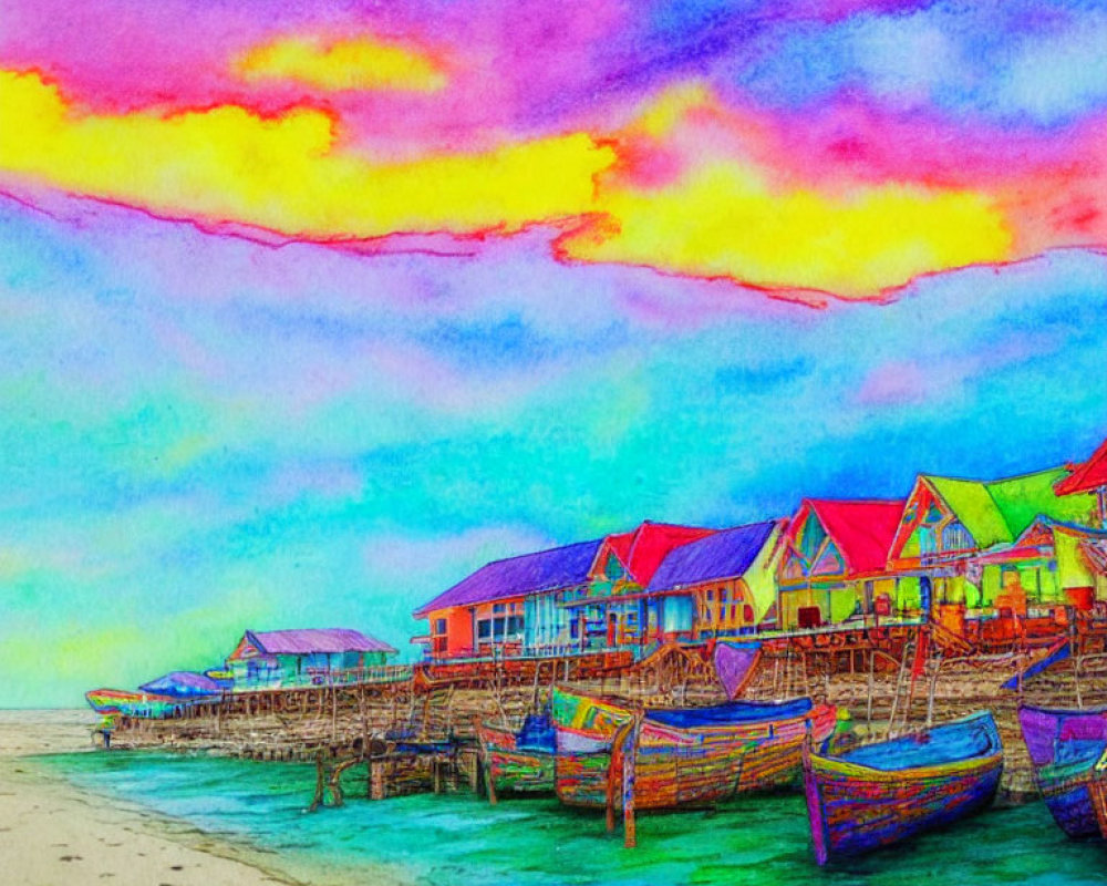 Vibrant sunset beachside huts and boats illustration