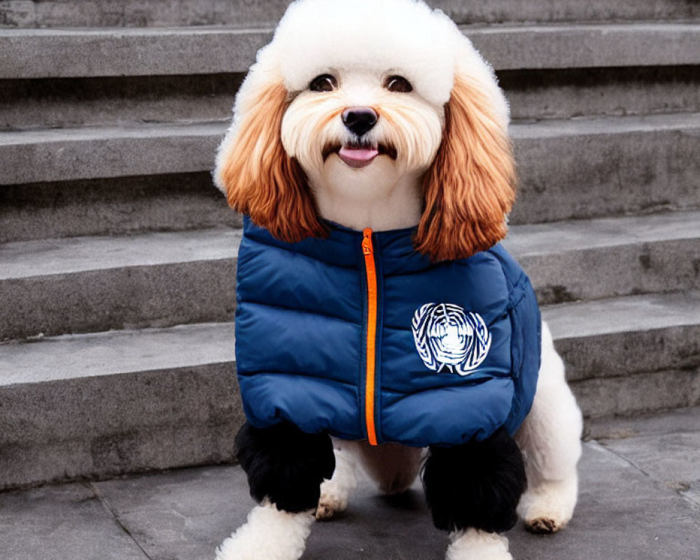 Fluffy white and tan dog in blue and black jacket sitting by stairs