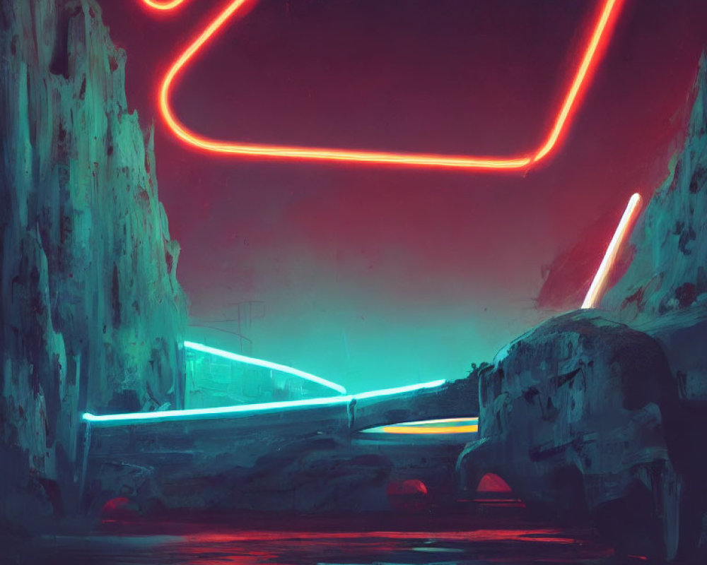 Futuristic neon-lit canyon with red and blue lights and reflective water.