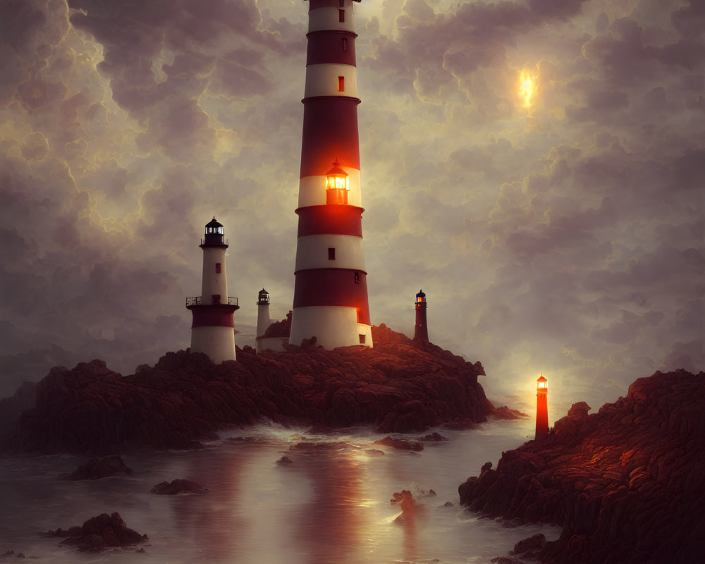 Mystical scene of glowing lighthouses on rocky outcrops